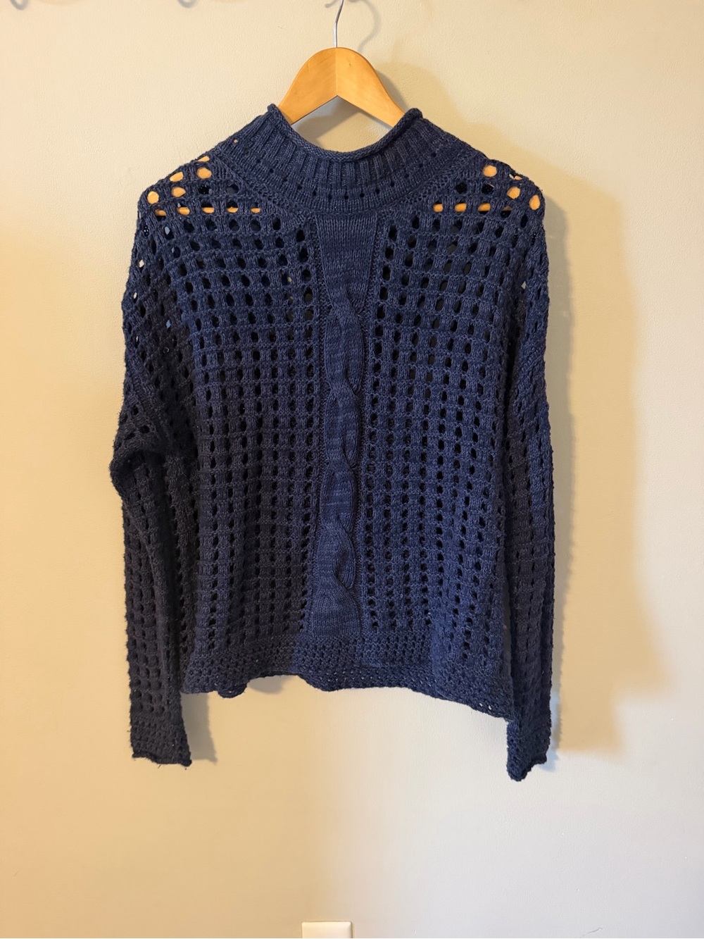 Free People Navy Open Weave Cable Knit Angora Blend Sweater Small